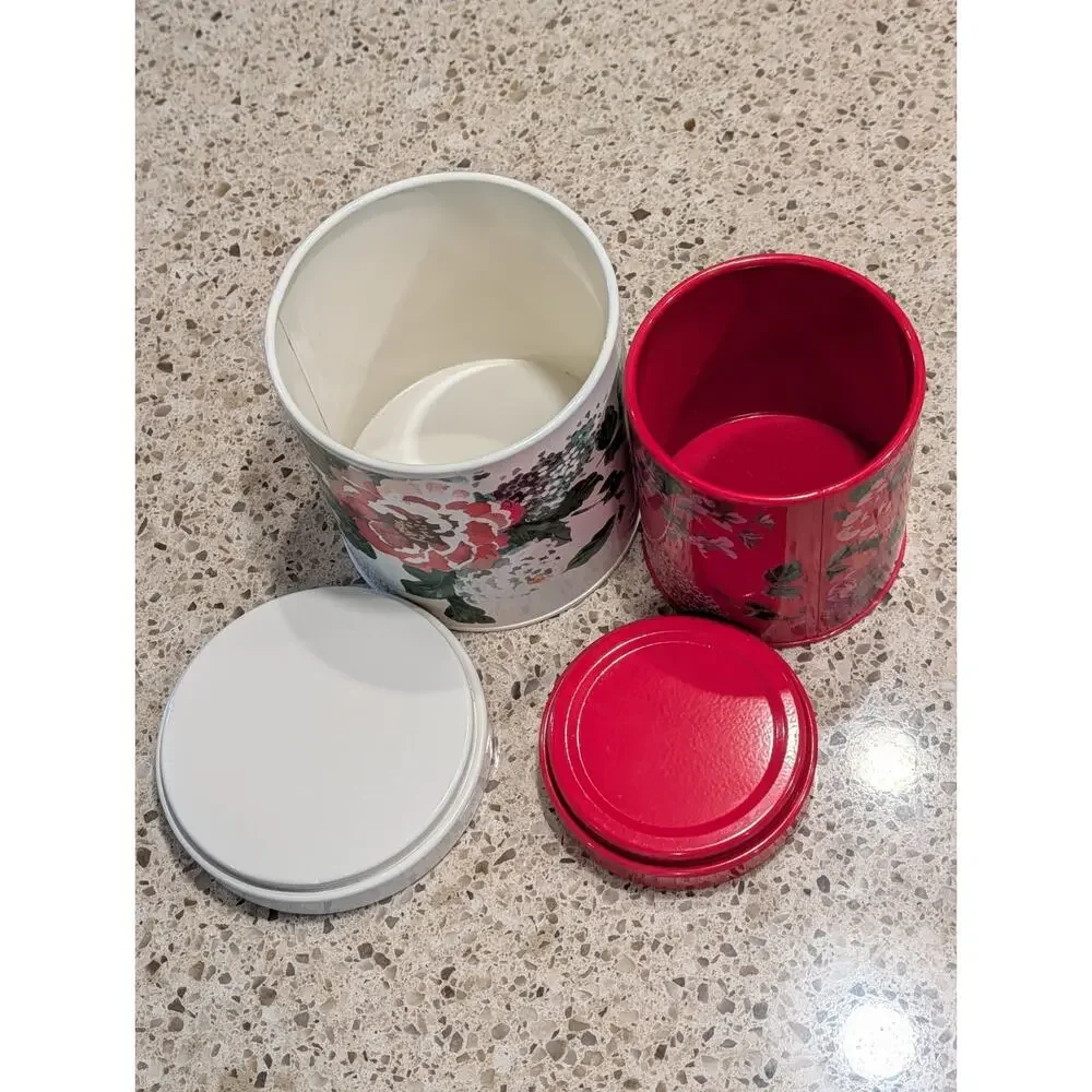 Pioneer Woman Metal Country Garden Floral Tin Canisters Set of 2 White and Red